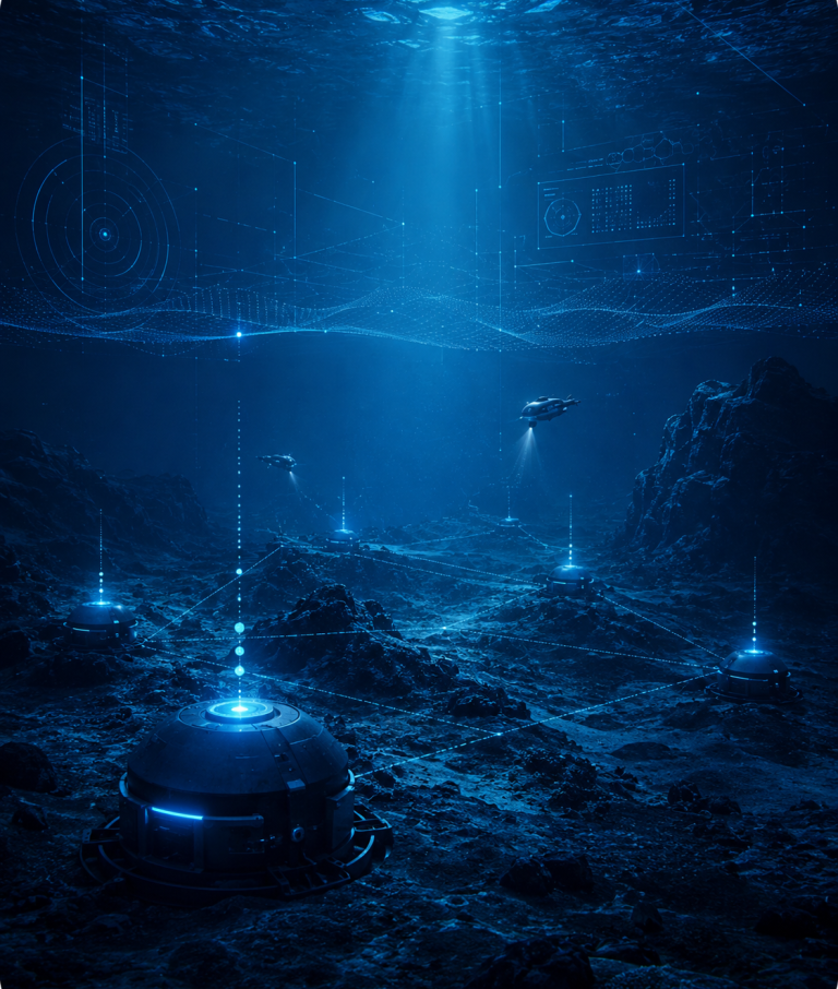 Technologie sous-marine autonome avec capteurs distribués, réseau océanique intelligent, visualisation et surveillance maritime.
