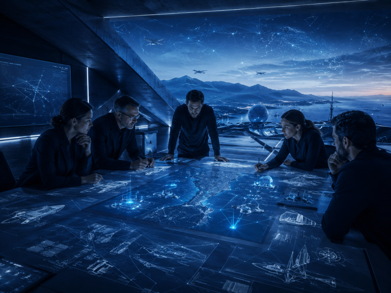 Équipe travaillant sur la conception d’une architecture technologique innovante, avec plans, scénarios d’usage et réflexion stratégique.